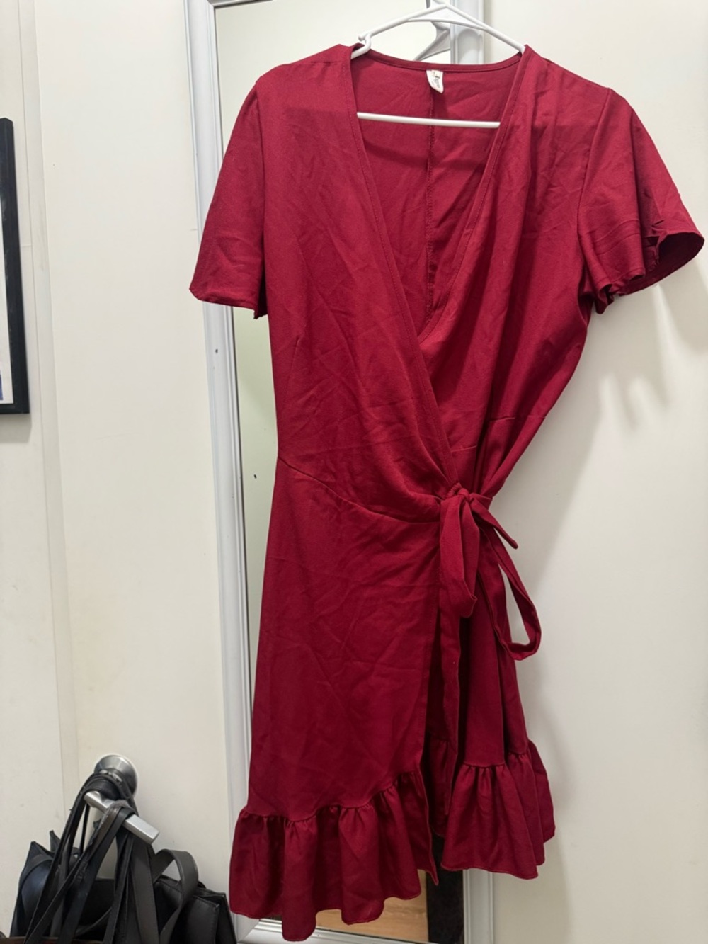 Women’s Wrap Dress - Deep Red Tie-Waist Ruffle Hem